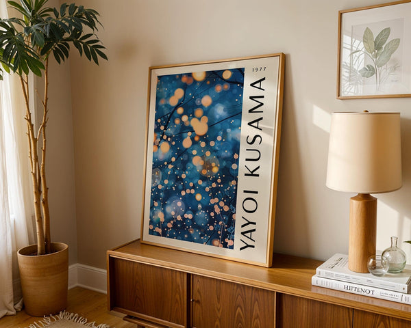 navy blue wall art for living room inspired by Kusama