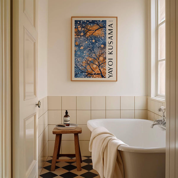 Kusama celestial blue wall art for living room in soft golden palette