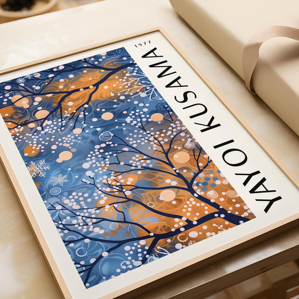 Moody blue wall art for living room with starry tree landscape