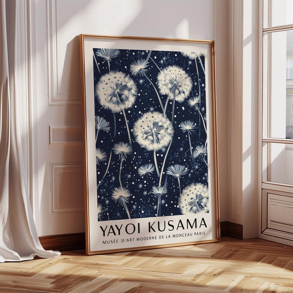 Kusama-inspired living room prints with glowing floral dot patterns
