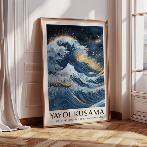 The Great Wave inspired art with gold and blue tones