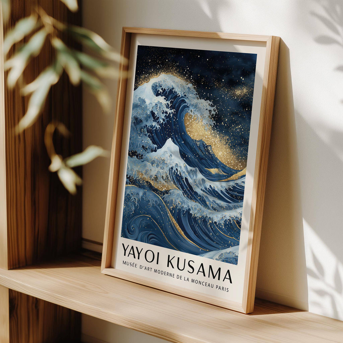 blue gold wall decor inspired by Hokusai and Kusama
