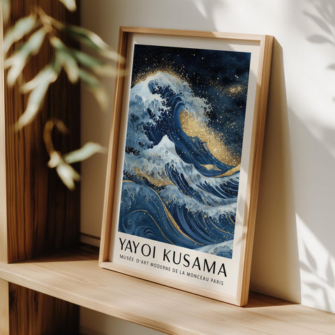 Japanese ocean wave poster with Yayoi Kusama influence