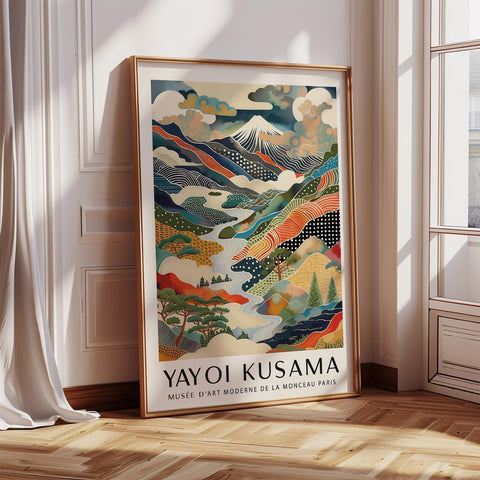 Yayoi Kusama Mount Fuji print with colourful hills and rivers