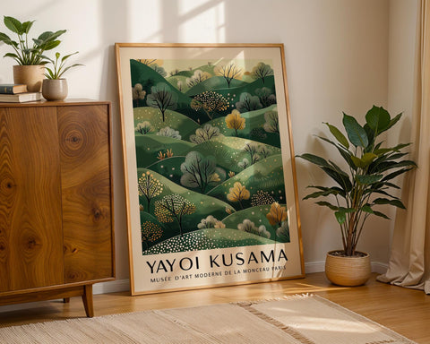 Modern green artwork for living room inspired by Yayoi Kusama