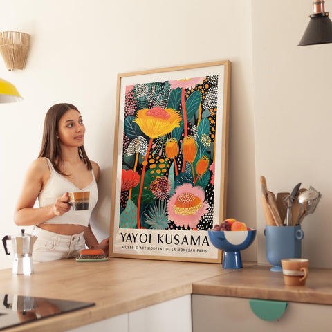 Kusama-inspired colourful flower print for living room decor