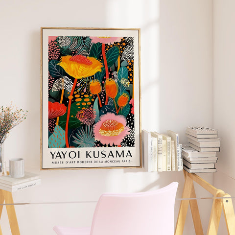 Vibrant tropical floral poster with bold yellow and pink flowers