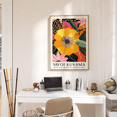 Bright yellow floral artwork with rich botanical themes