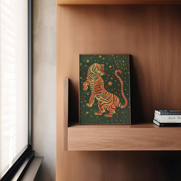 Expressive Japanese art wall with rich colour contrasts