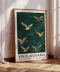 Japanese crane wall art with green and gold tones