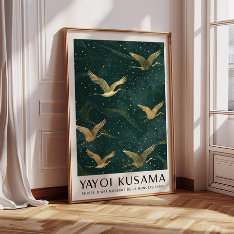 Japanese crane wall art with green and gold tones