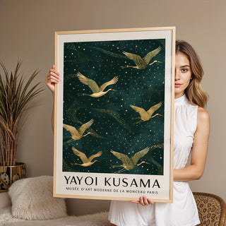 Kusama-inspired Japanese Crane Wall Art with abstract patterns