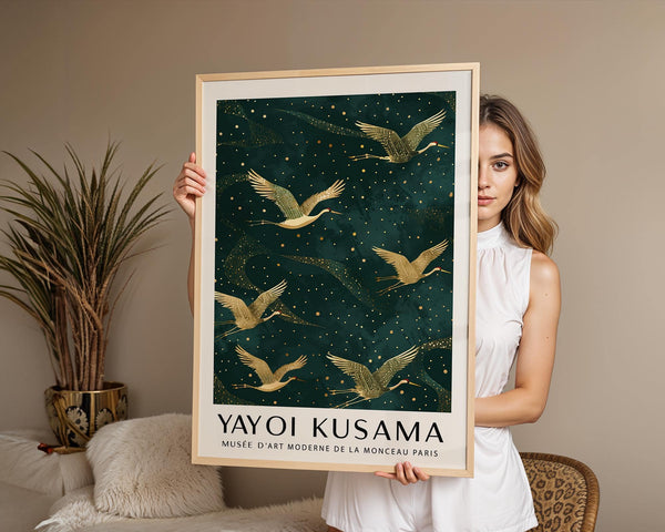 Kusama-inspired Japanese Crane Wall Art with abstract patterns