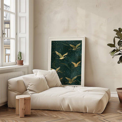 Minimalist Japanese crane artwork for bedroom