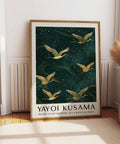 Modern bird print with green background and gold accents