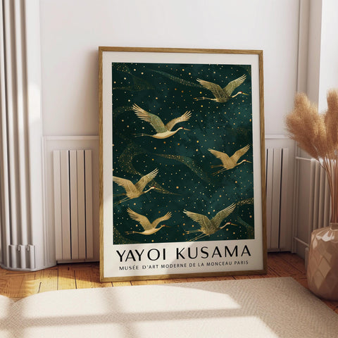 Modern bird print with green background and gold accents