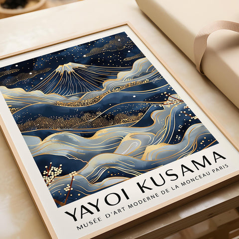 Mount Fuji gold wall art with blue tones