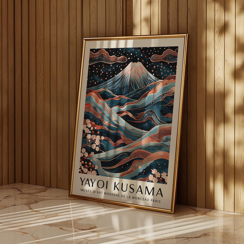 Japandi-inspired wall art with Mount Fuji, cherry blossoms, and flowing streams