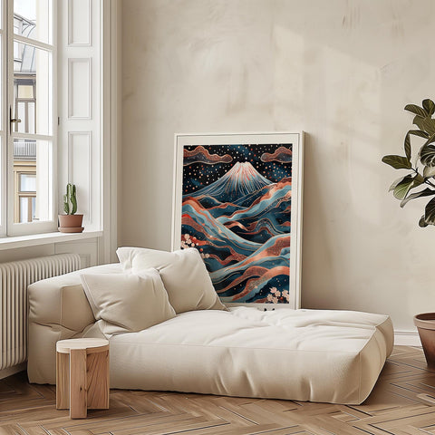 Elegant rose gold and blue Mount Fuji print for modern interiors