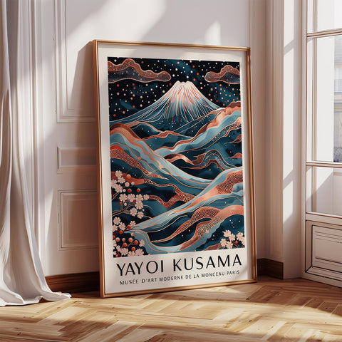 Rose gold Mount Fuji artwork with cherry blossoms and flowing rivers