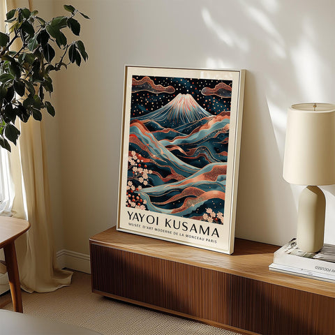 Luxurious Mount Fuji wall print with rose gold accents and sakura details