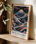 Minimalist Mount Fuji artwork in a rose gold and midnight blue colour palette