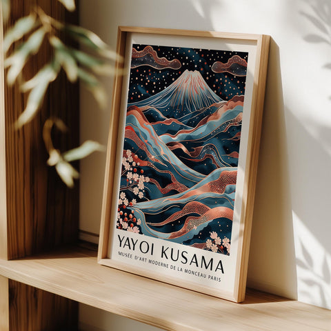 Minimalist Mount Fuji artwork in a rose gold and midnight blue colour palette