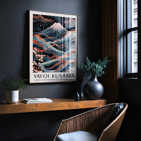 Japanese landscape print with cherry blossoms and Mount Fuji in rose gold