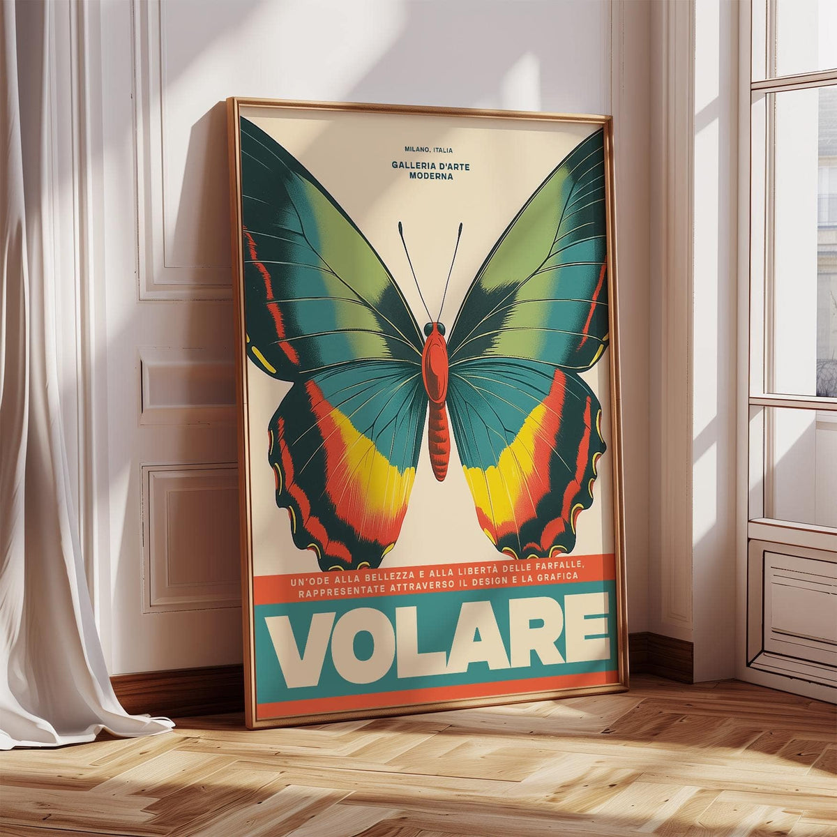 Modern large butterfly wall art with bold red and green hues