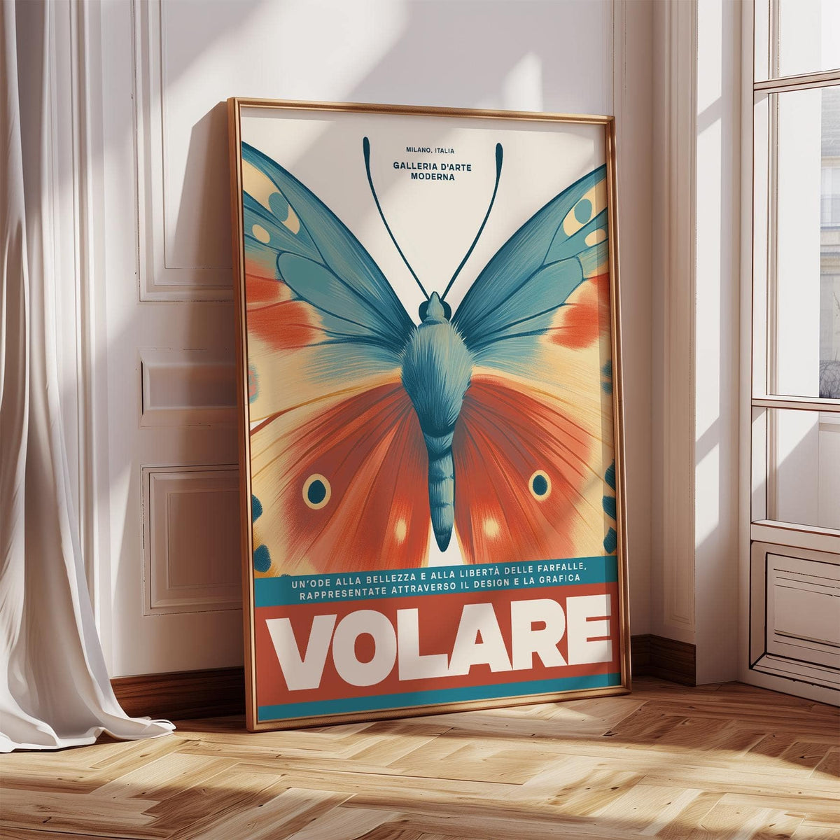 Detailed butterfly wall art print with bold colors and typography