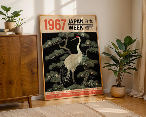 Japanese heritage art print with serene crane and nature-inspired design.