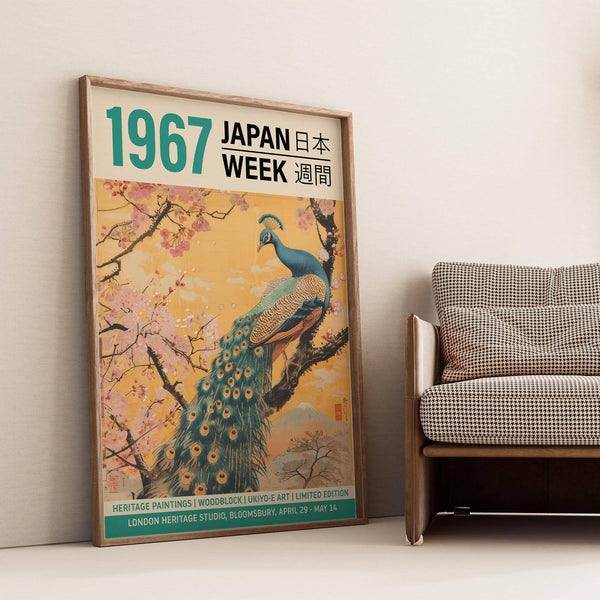 Artistic peacock wall art for living room with soft pink cherry blossoms