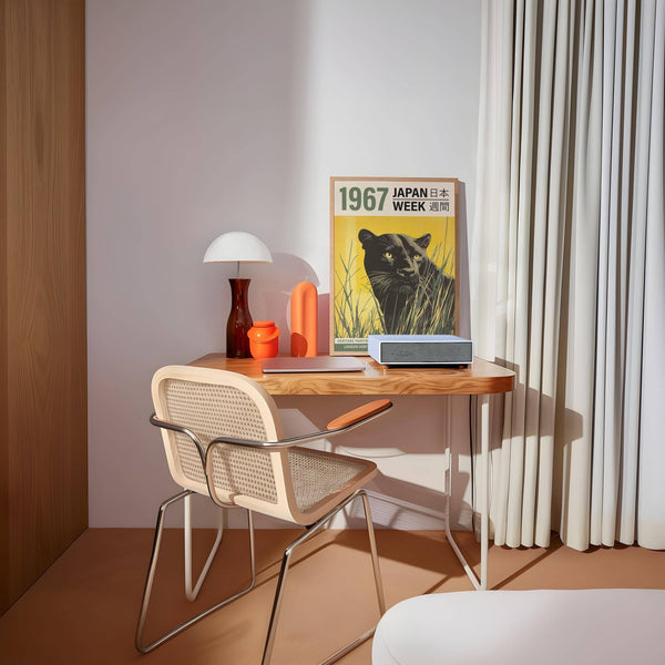 Creative workspace showcasing vivid poster of black panther