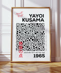 Monochrome Kusama dots poster with minimalist polka dot design.