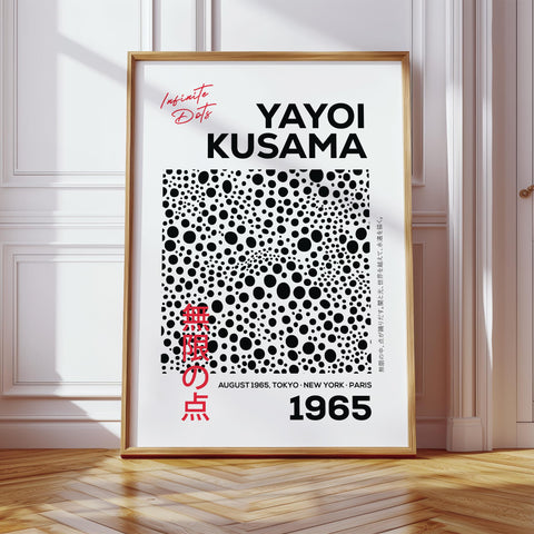 Monochrome Kusama dots poster with minimalist polka dot design.