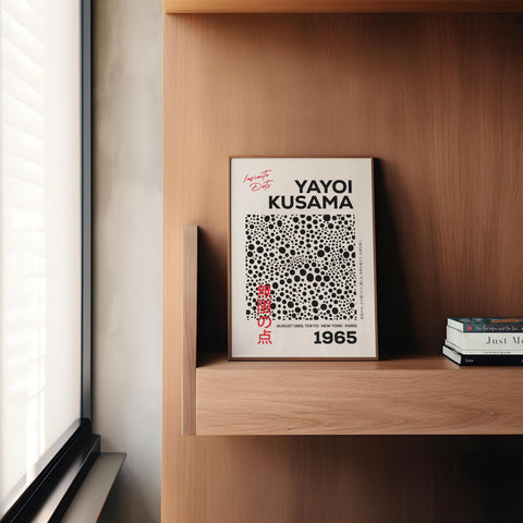 Abstract Kusama poster featuring bold dots and minimalist design.