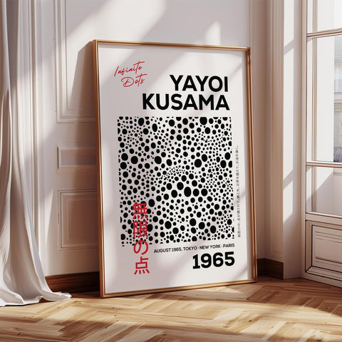 Black and white polka dot wall art inspired by Yayoi Kusama’s Infinite Dots series.