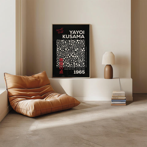 Polka dot-themed black poster with red accents for Japandi decor