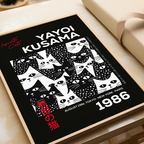 Contemporary feline wall art with polka dot design and Japanese influence.