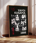 Black-and-white cat poster inspired by Yayoi Kusama with bold polka dot design.