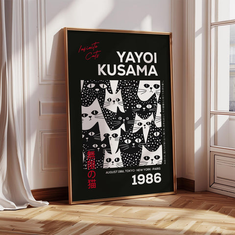 Black-and-white cat poster inspired by Yayoi Kusama with bold polka dot design.