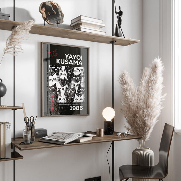 Graphic cats black poster in Yayoi Kusama’s dotted style