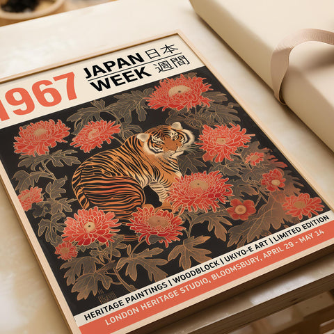 Japanese tiger art print showcasing bold colors and intricate details.