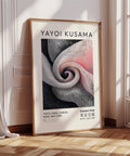 Elegant floral wall art with grey and pink abstract design inspired by Yayoi Kusama.