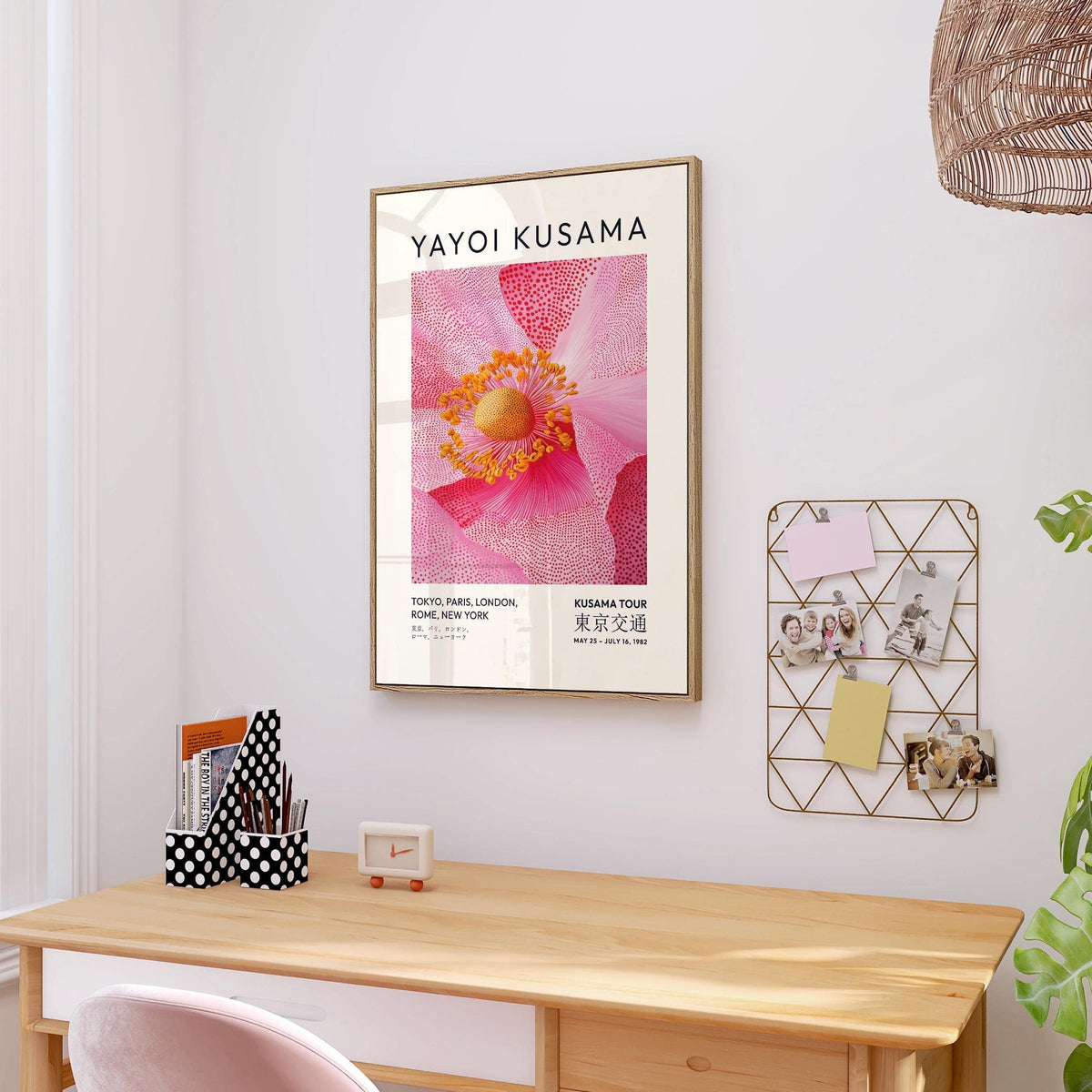 Yayoi Kusama flower print as pink floral wall art for bedrooms
