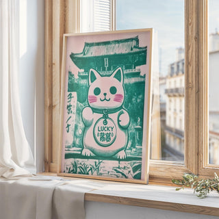 Office wall styled with Japanese good luck presents Maneki Neko print