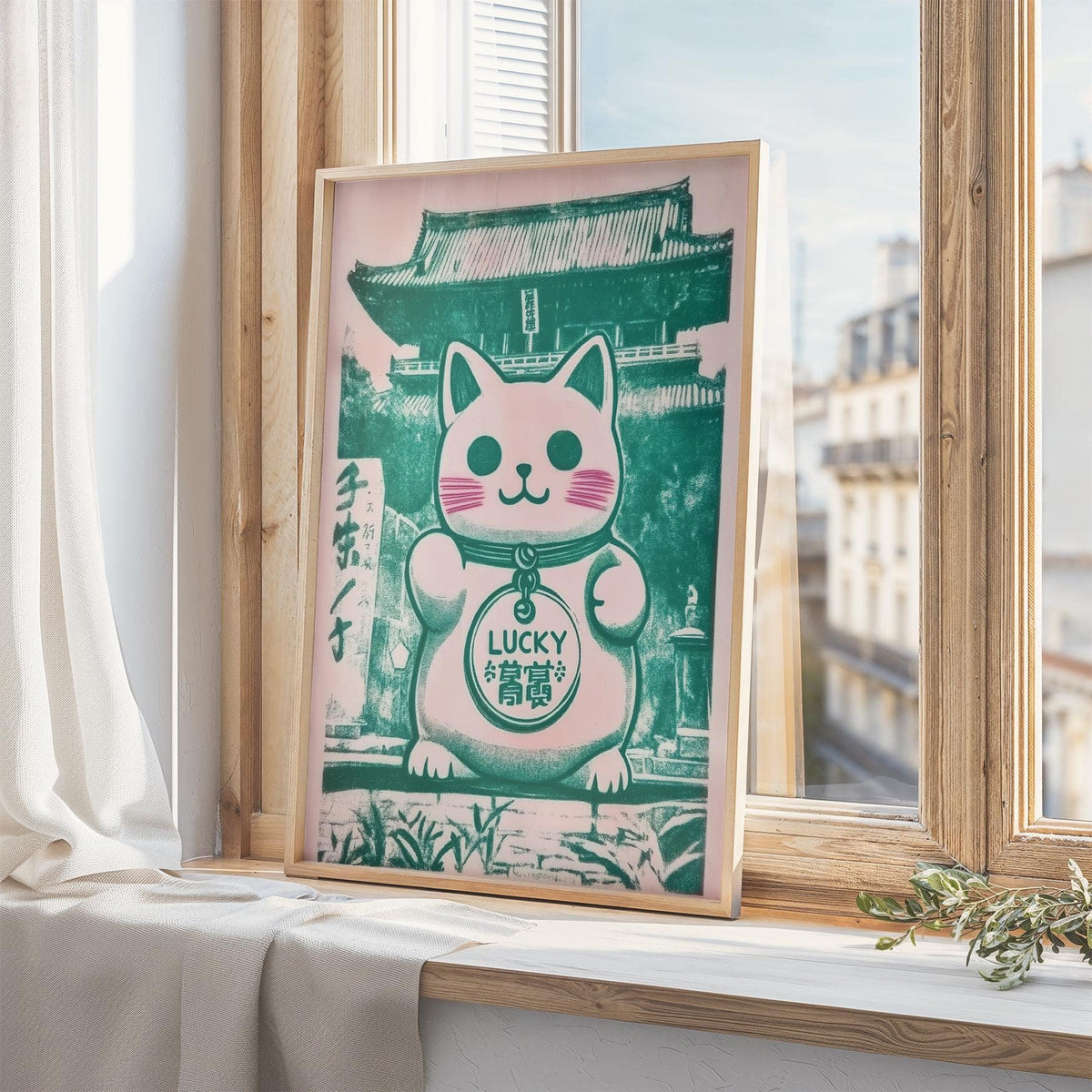 Office wall styled with Japanese good luck presents Maneki Neko print