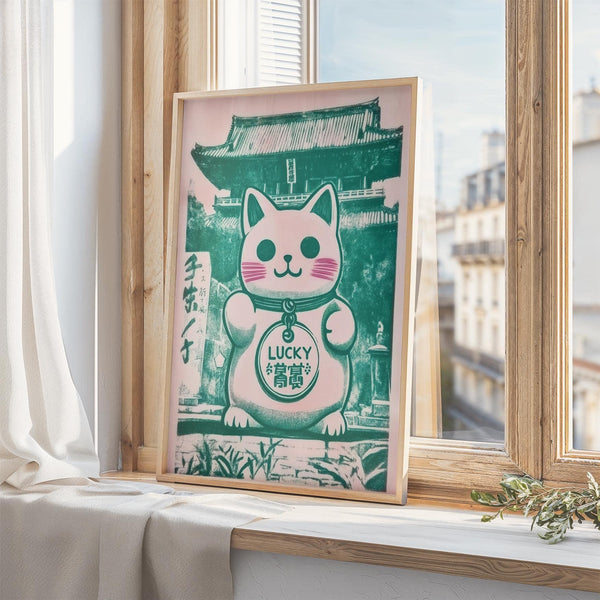 Office wall styled with Japanese good luck presents Maneki Neko print