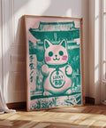 Fortune Maneki Neko wall art in green and pink, perfect for good luck gifts