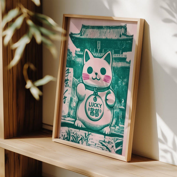 Bedroom decor with charming Maneki Neko good luck presents poster